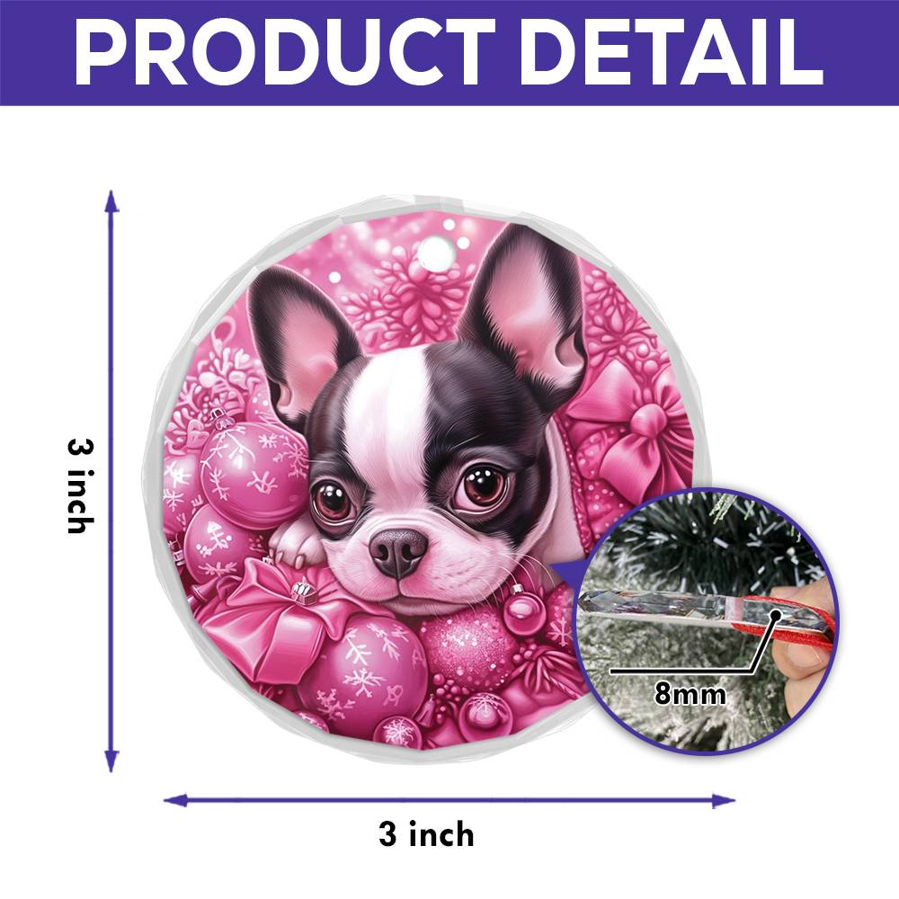 Boston Terrier Dog Pink Christmas Design 3 Glass Ornament