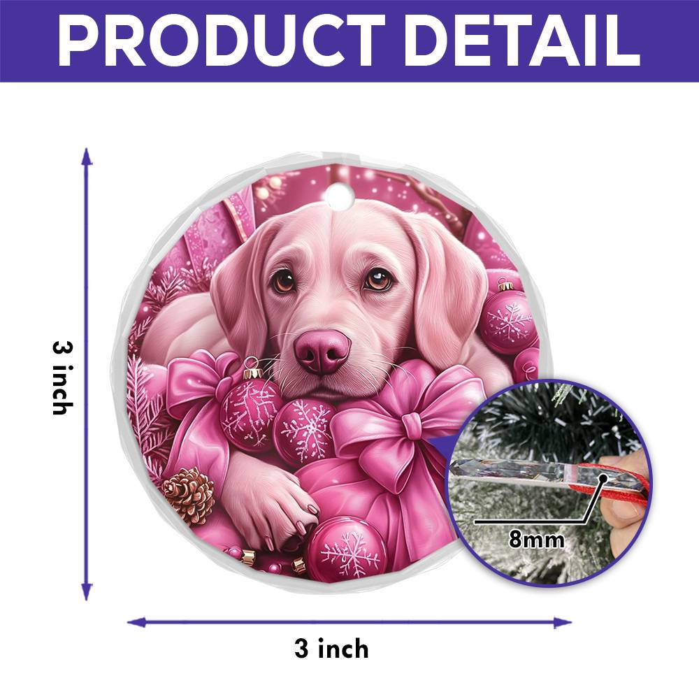 Labrador Retriever Dog Pink Christmas Design 4 Glass Ornament