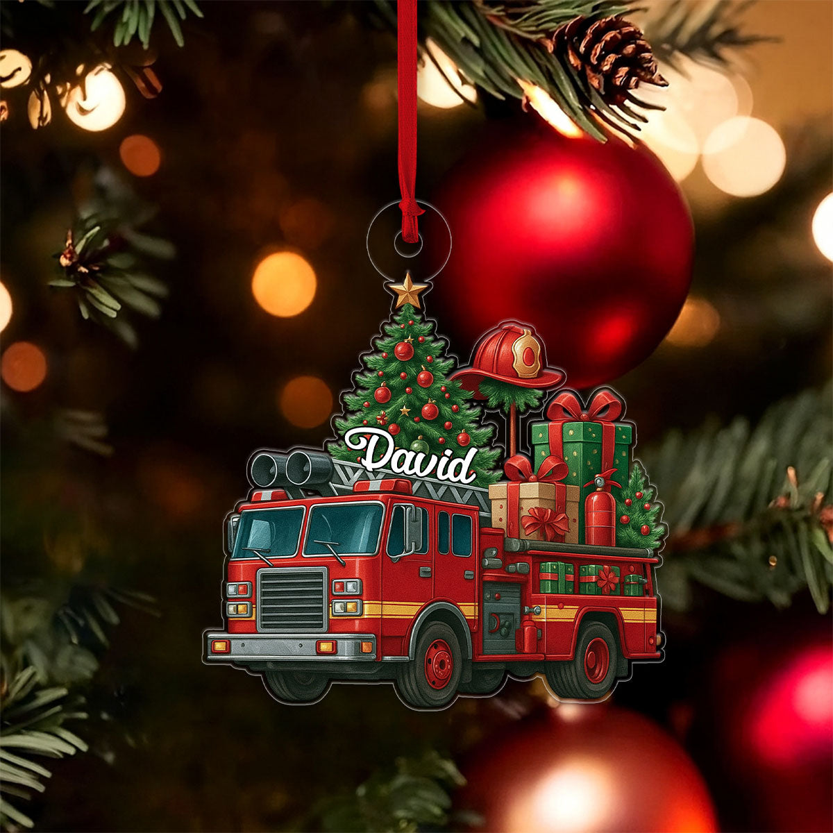 Custom Name Firefighter Truck Xmas Tree