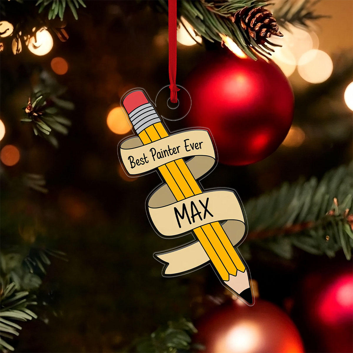 Personalized Best Painter Ever Pencil Ornament, Custom Artist Christmas Ornament, Gift for Painter, Creative Holiday Decoration