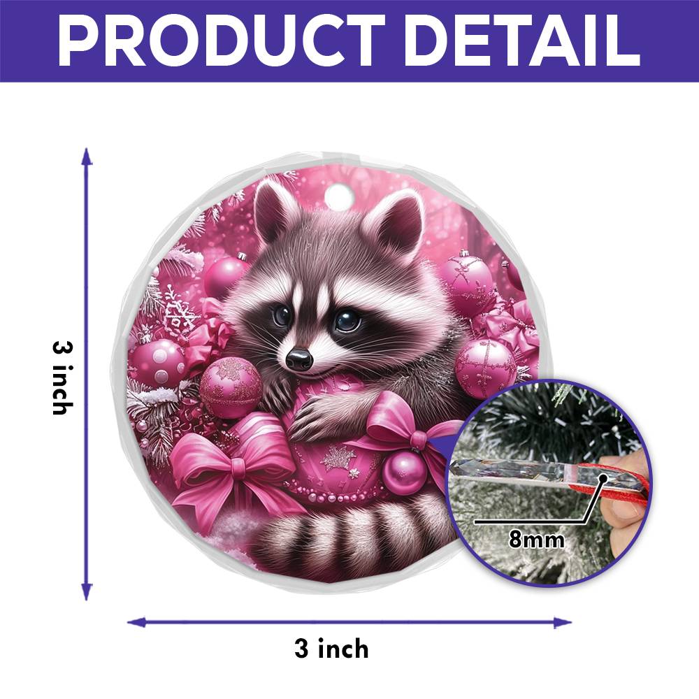 Racoon Pink Christmas Design 1 Glass Ornament