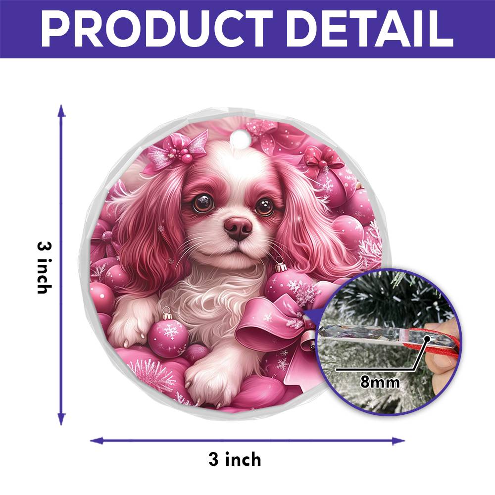 Cavalier King Charles Spaniel Dog Pink Christmas Design 3 Glass Ornament