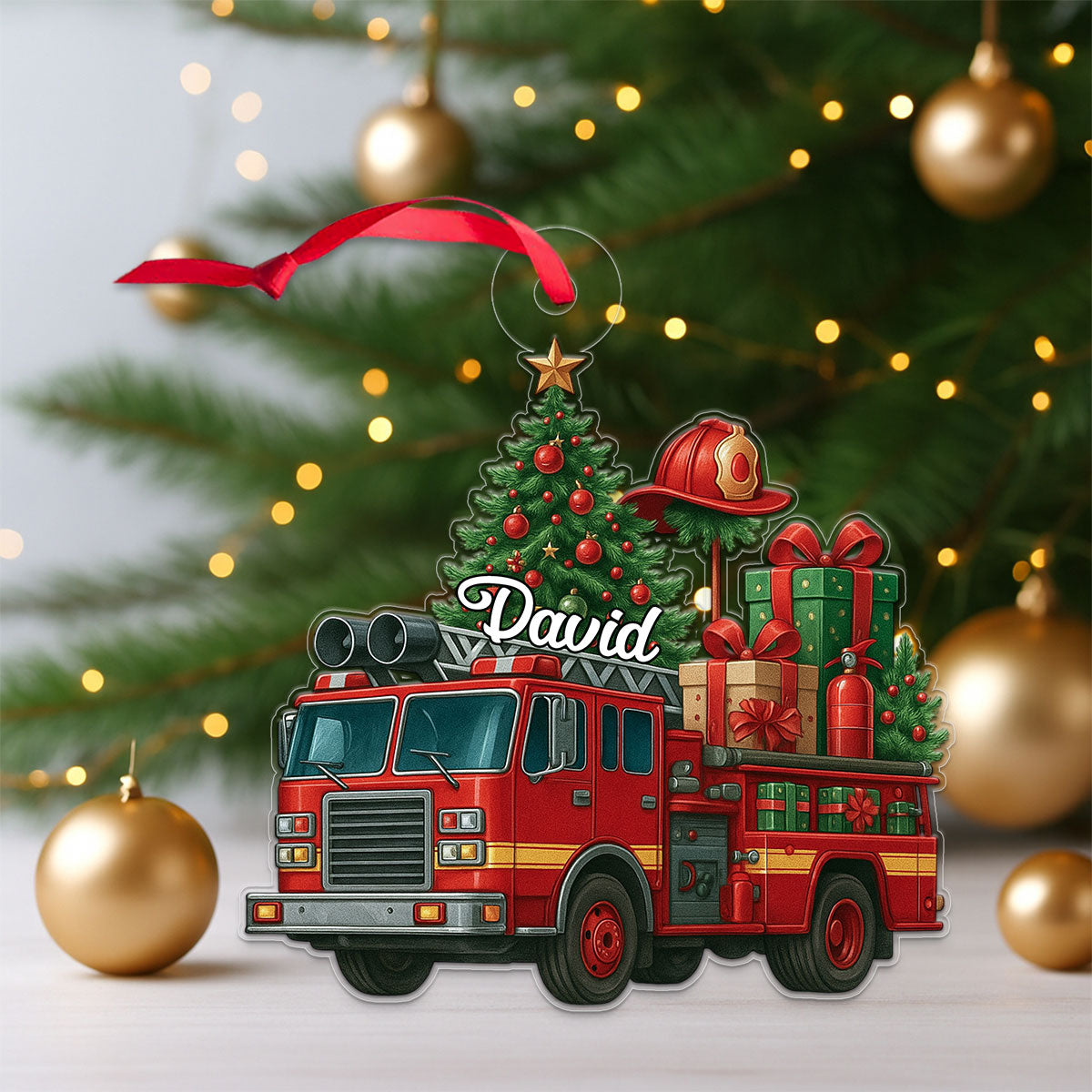 Custom Name Firefighter Truck Xmas Tree
