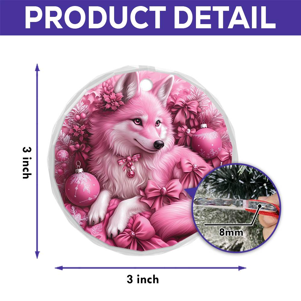 Wolf Pink Christmas Design 1 Glass Ornament