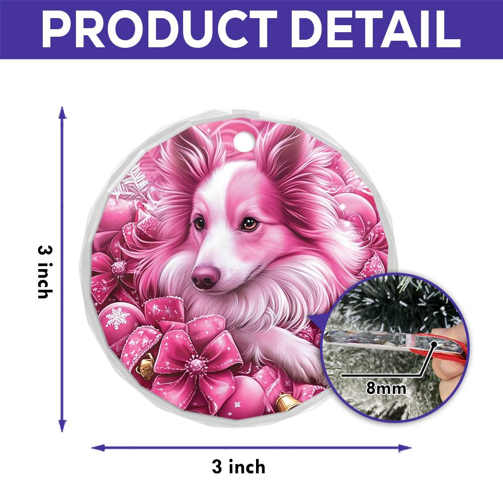 Collie Dog Pink Christmas Design 4 Glass Ornament