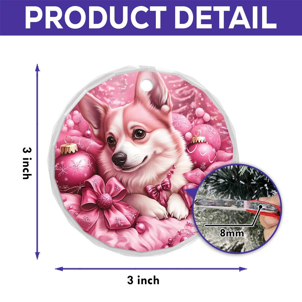 Pembroke Welsh Corgi Dog Pink Christmas Design 2 Glass Ornament