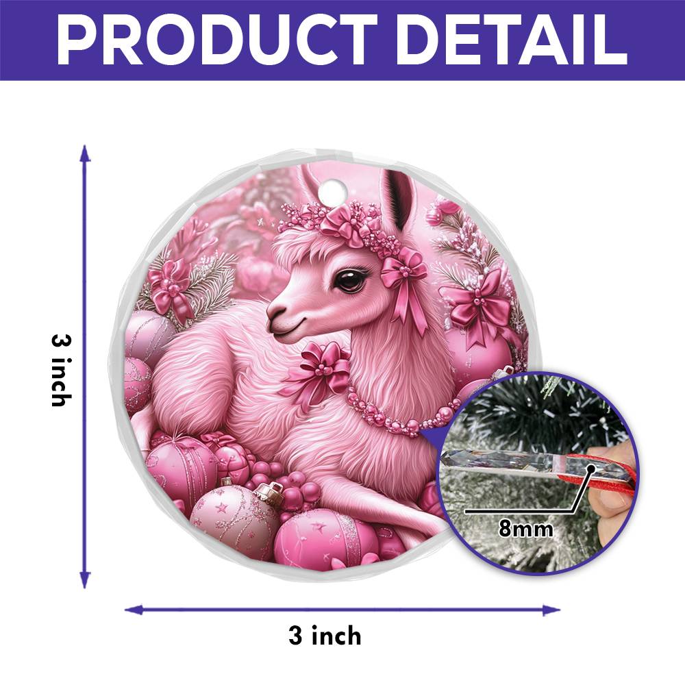 Llama Pink Christmas Design 4 Glass Ornament
