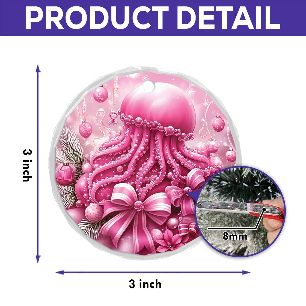 Jellyfish Pink Christmas Design 2 Glass Ornament
