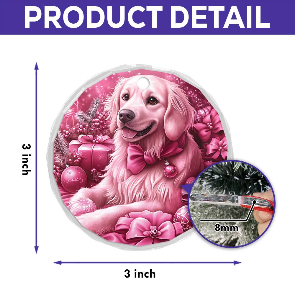 Golden Retriever Dog Pink Christmas Design 4 Glass Ornament