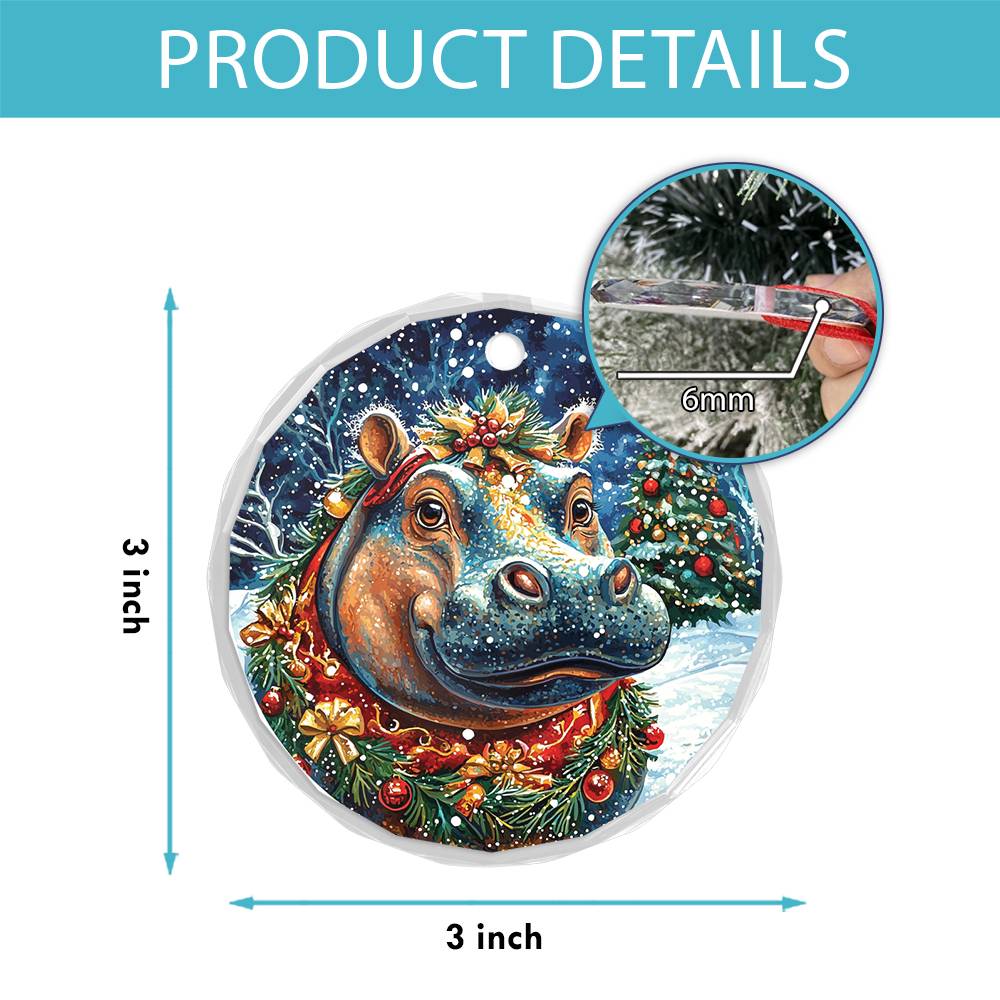 Beautiful Hippo Christmas Night Design 4 Glass Ornament