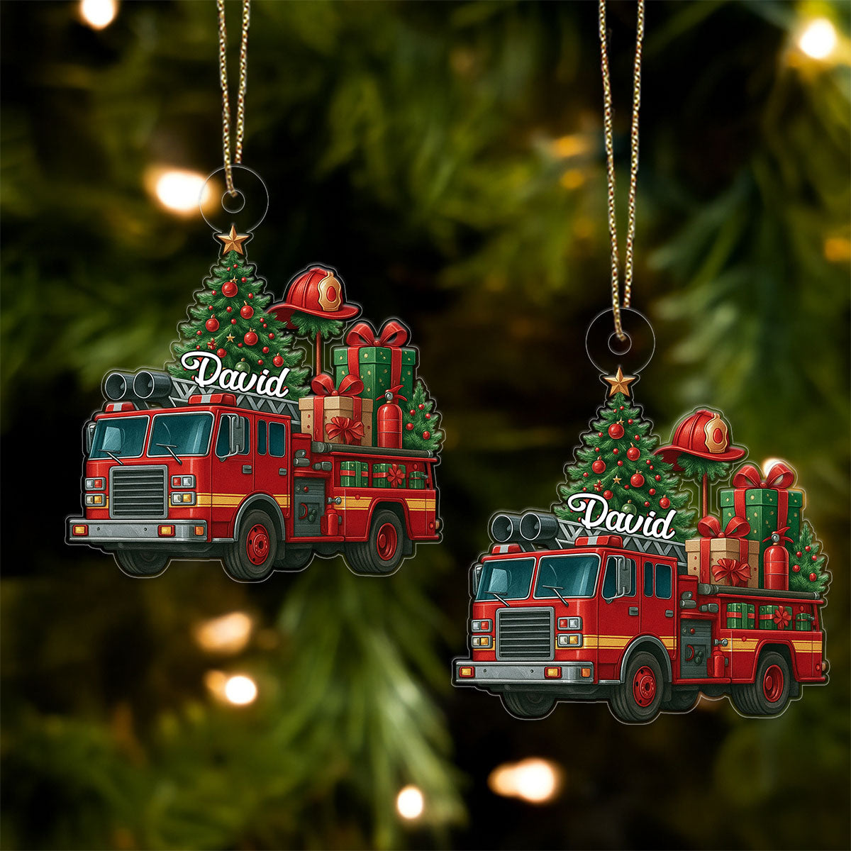 Custom Name Firefighter Truck Xmas Tree