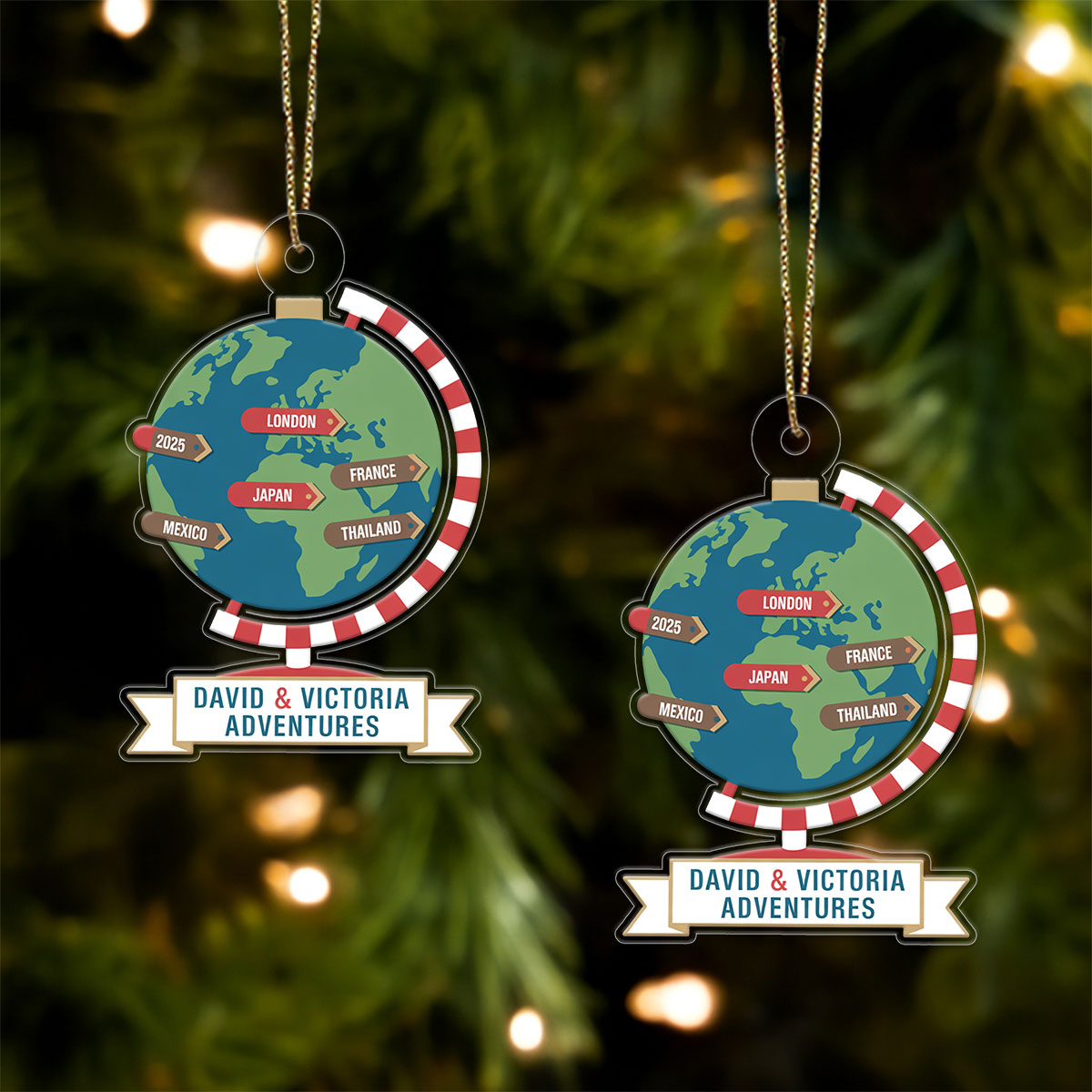 Personalized Travel Adventure Ornament, Couples Ornament, Custom Traveling Destination Ornament, Travel Gift, Gift for Travelers