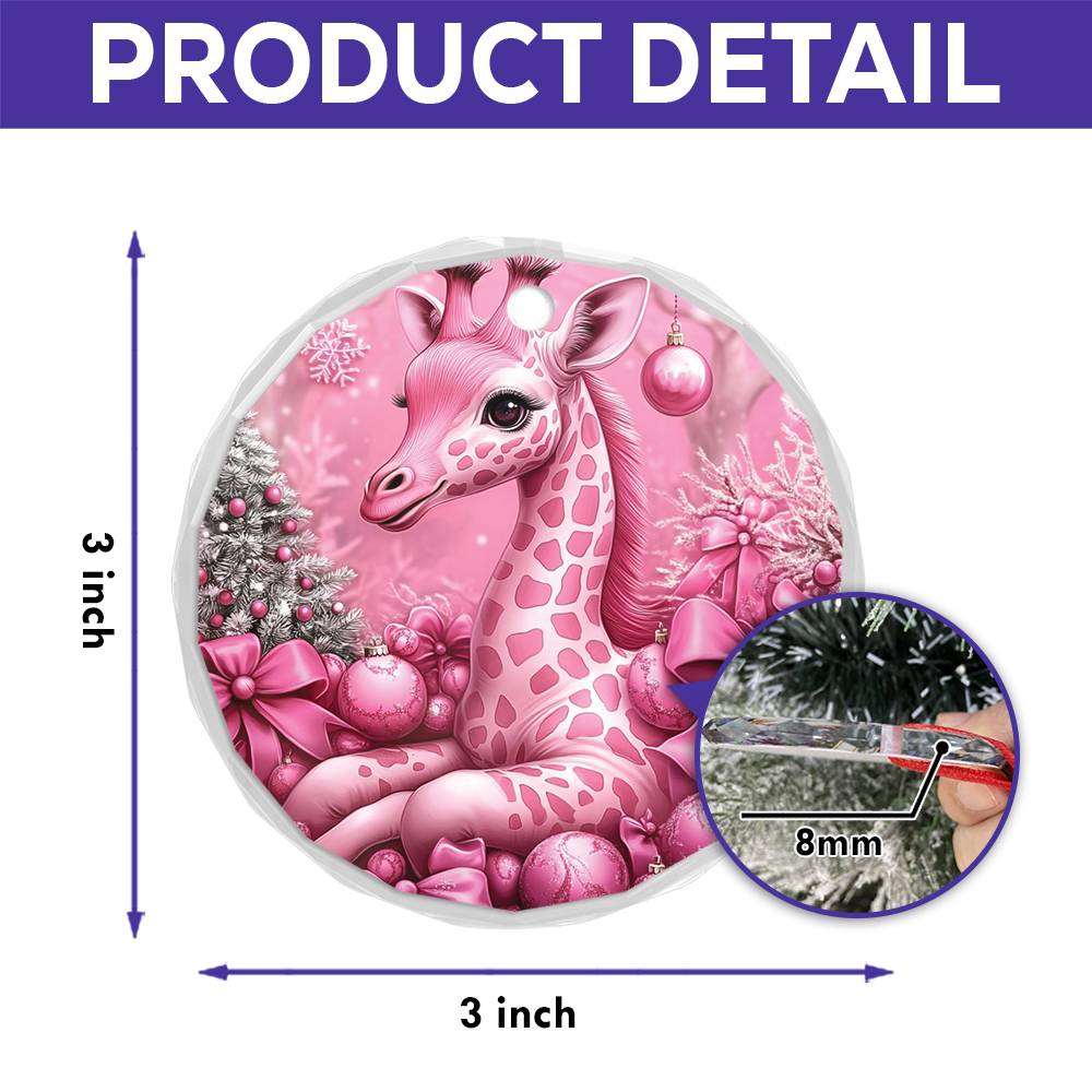 Giraffe Pink Christmas Design 1 Glass Ornament