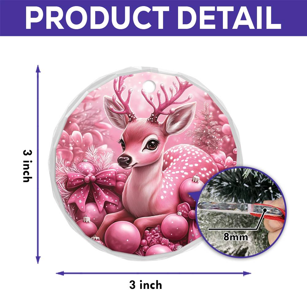 Deer Pink Christmas Design 3 Glass Ornament