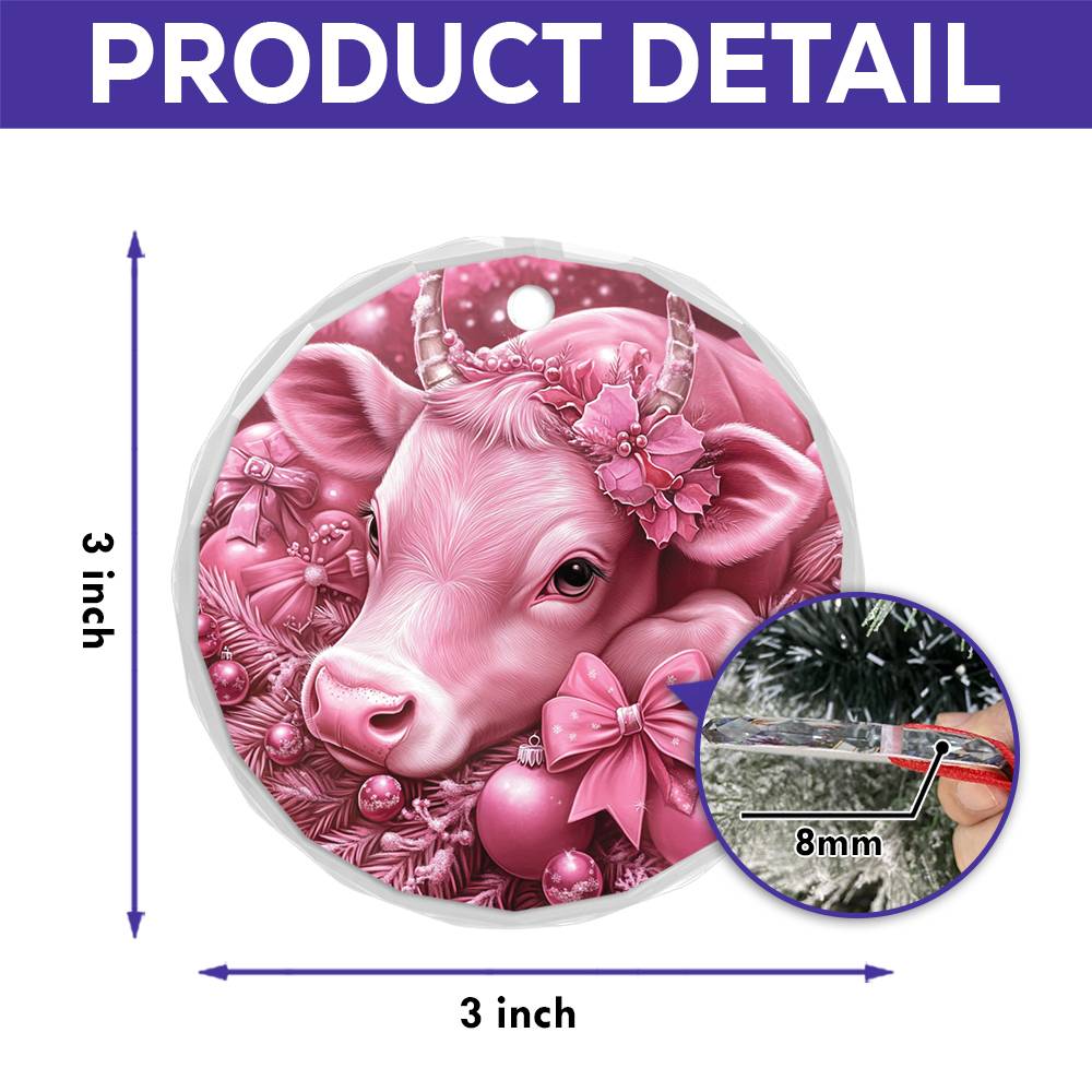 Hereford Cow Pink Christmas Design 2 Glass Ornament