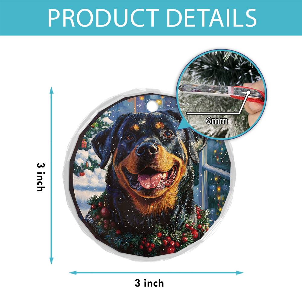 Beautiful Angus Rottweiler Dog Christmas Night Design 1 Glass Ornament