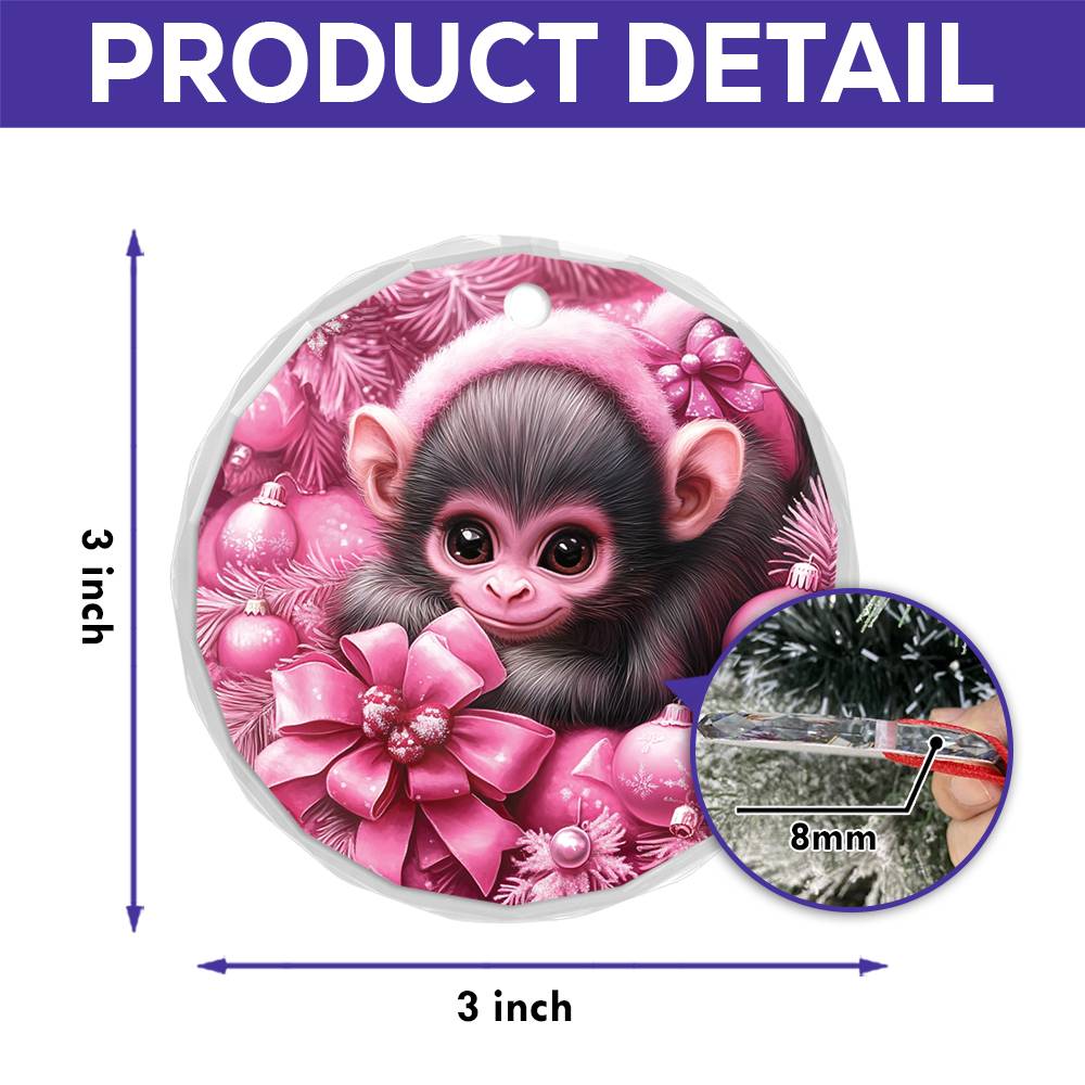 Monkey Pink Christmas Design 3 Glass Ornament