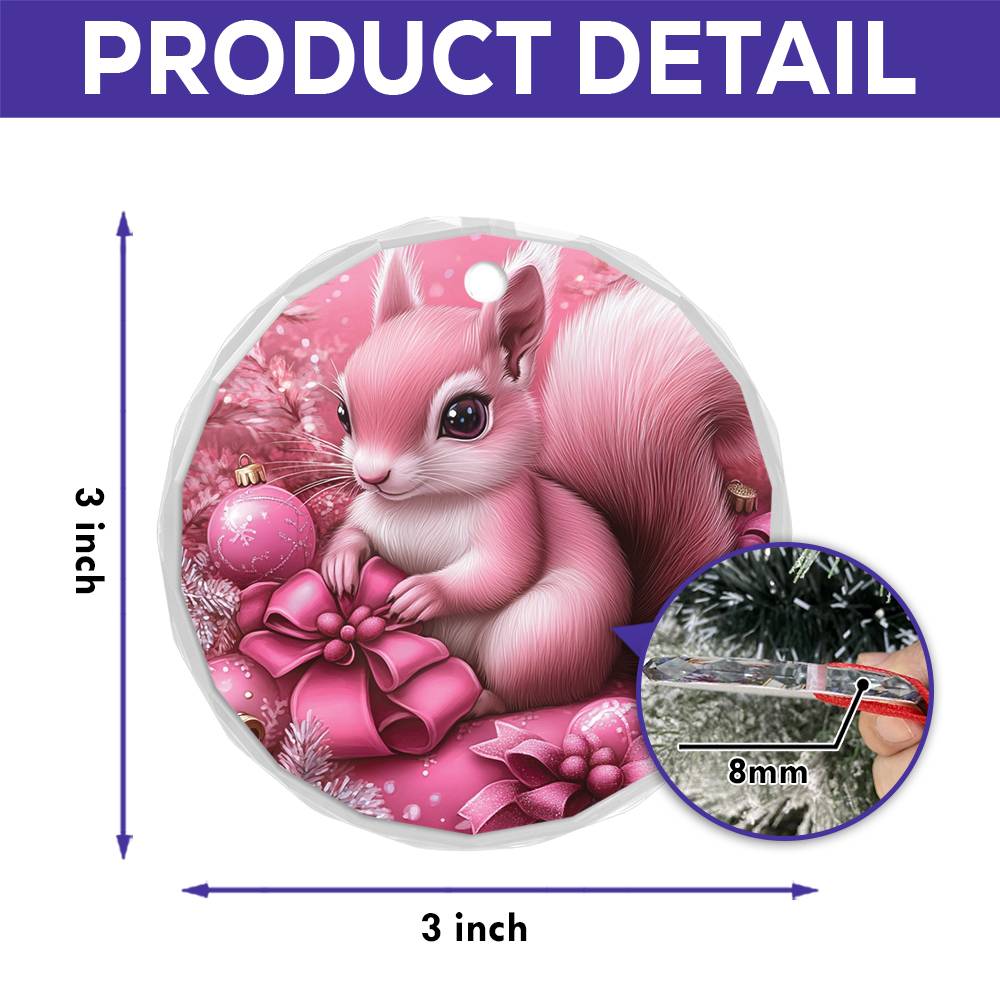 Squirrel Pink Christmas Design 2 Glass Ornament