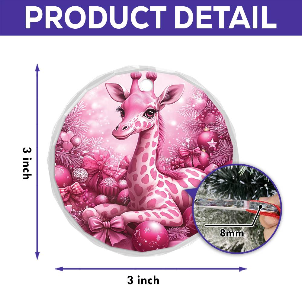 Giraffe Pink Christmas Design 3 Glass Ornament