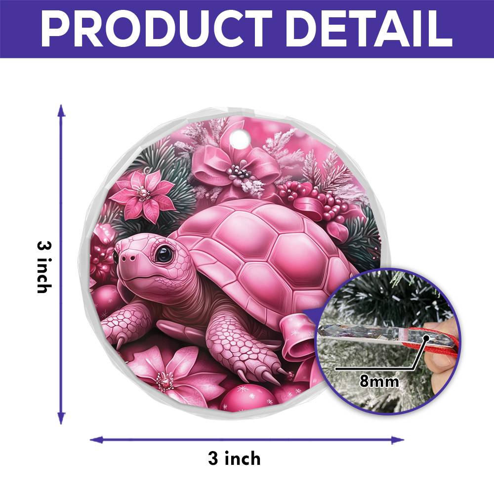 Tortoise Pink Christmas Design 1 Glass Ornament