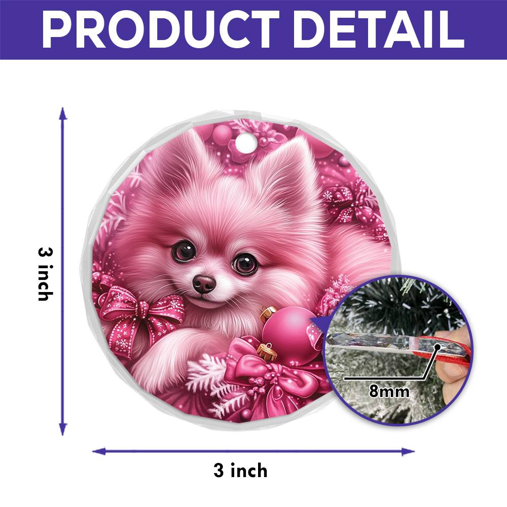 Pomeranian Dog Pink Christmas Design 3 Glass Ornament