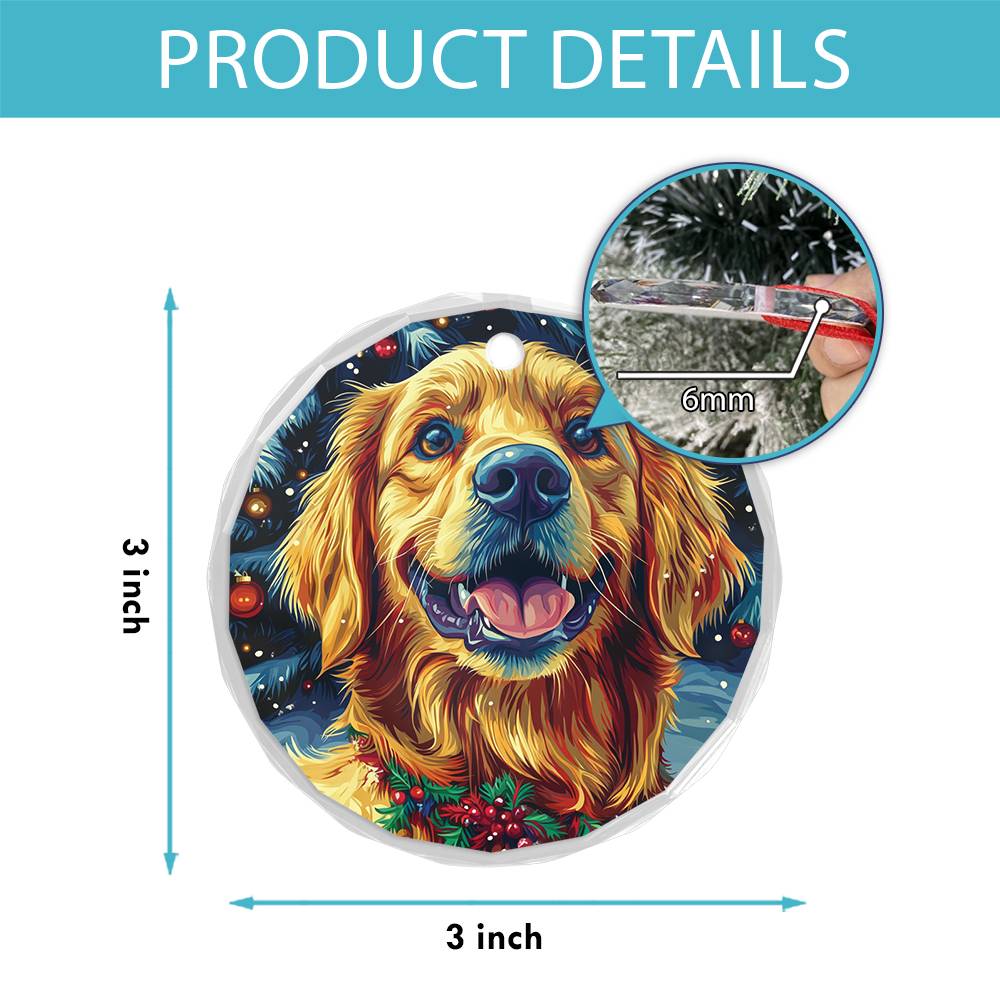 Beautiful Golden Retriever Dog Christmas Night Design 2 Glass Ornament