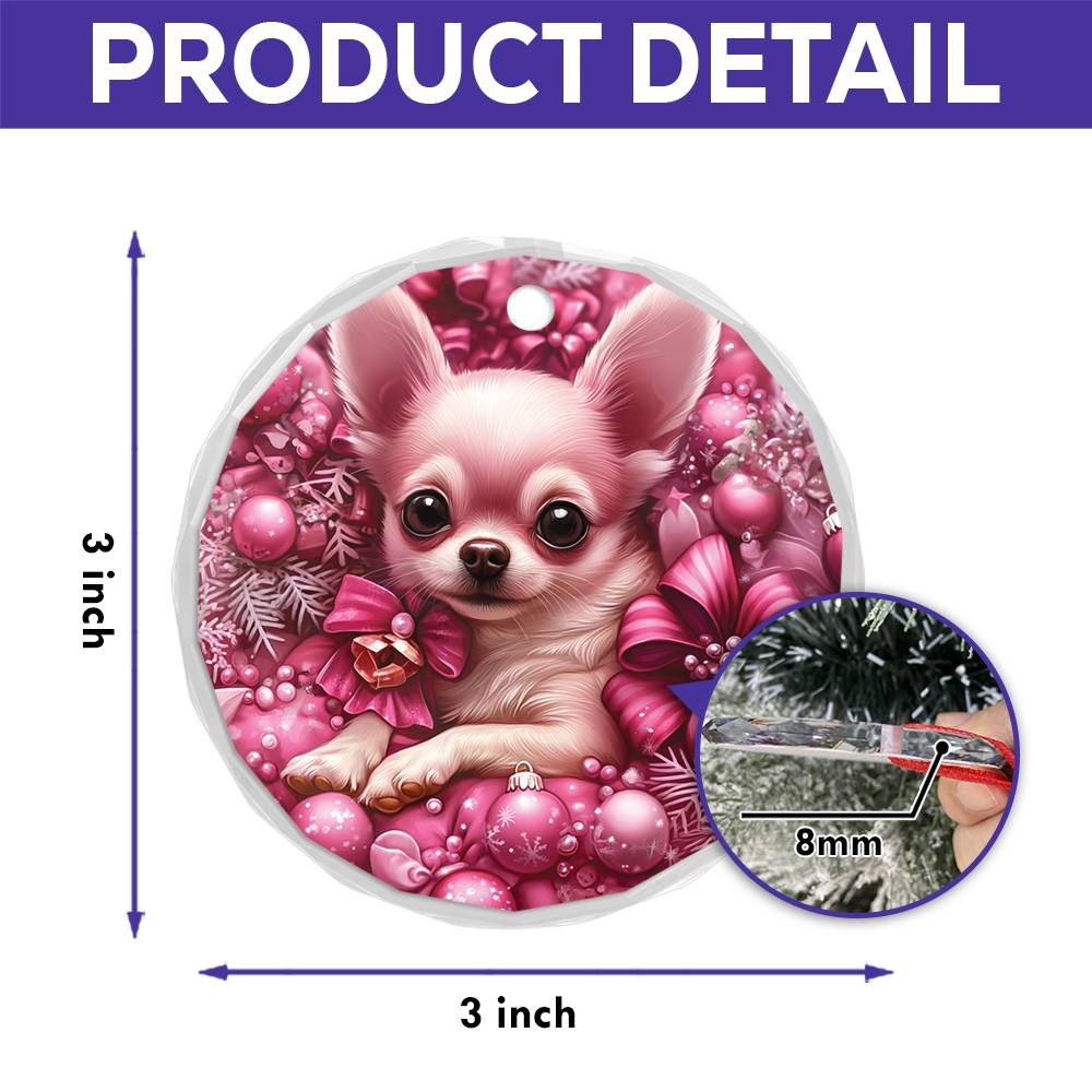 Chihuahua Dog Pink Christmas Design 4 Glass Ornament