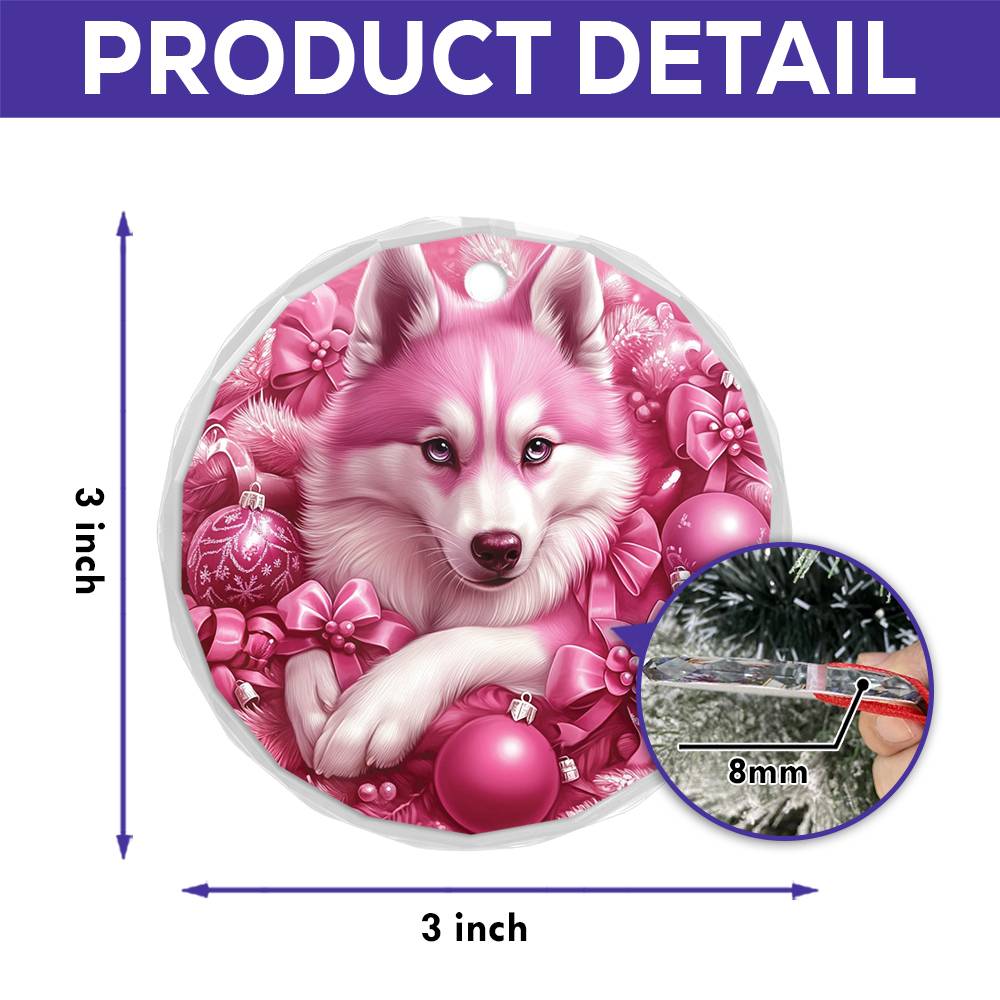 Siberian Huskie Dog Pink Christmas Design 2 Glass Ornament