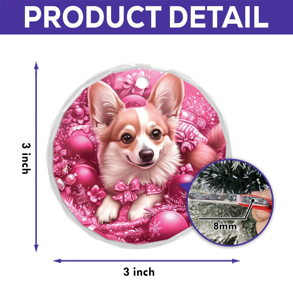 Pembroke Welsh Corgi Dog Pink Christmas Design 1 Glass Ornament
