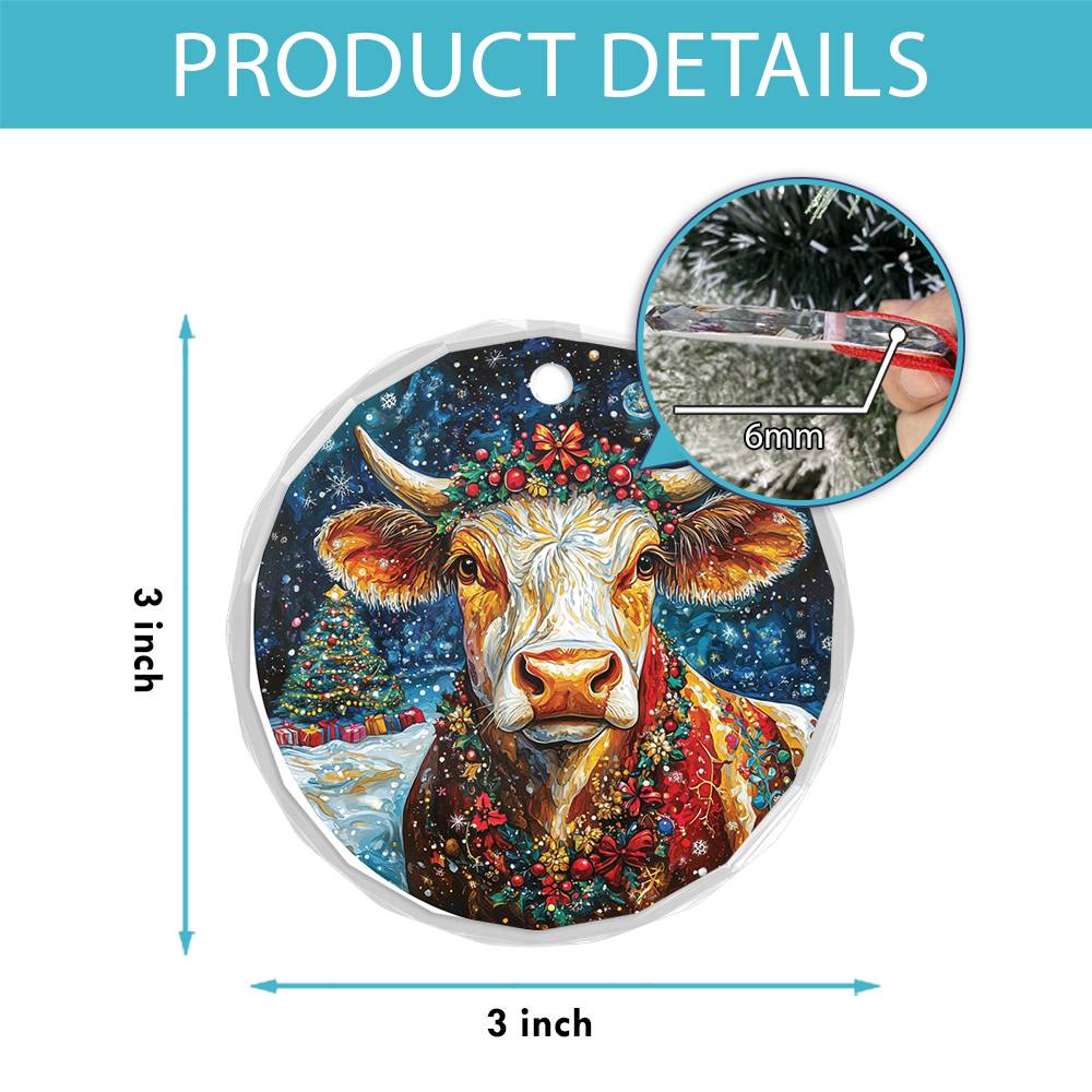 Beautiful Dairy Cow Christmas Night Design 1 Glass Ornament