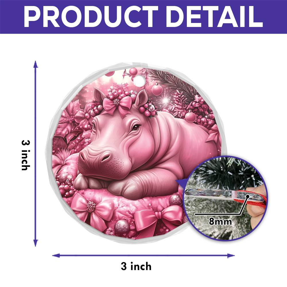 Hippo Pink Christmas Design 2 Glass Ornament
