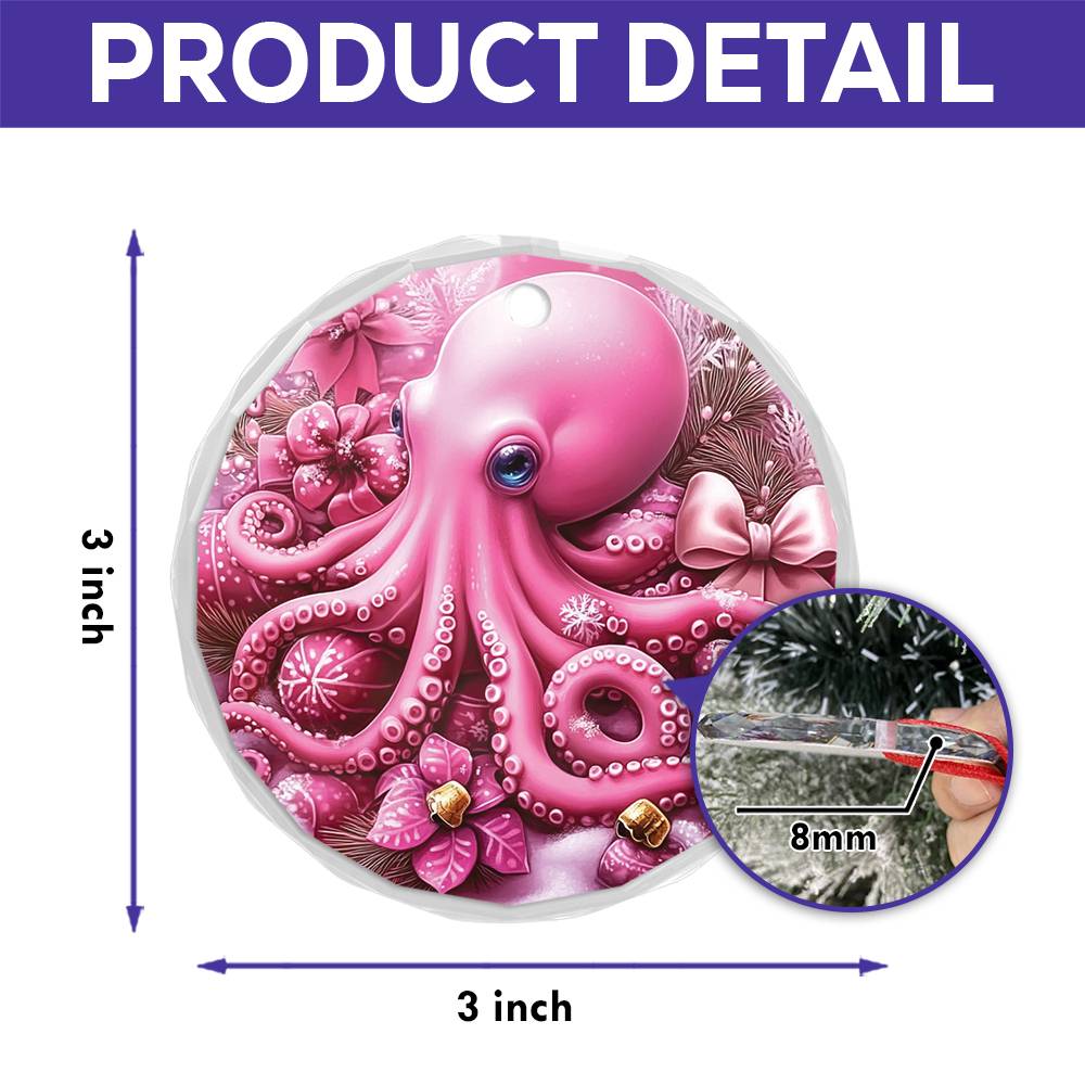 Octopus Pink Christmas Design 3 Glass Ornament