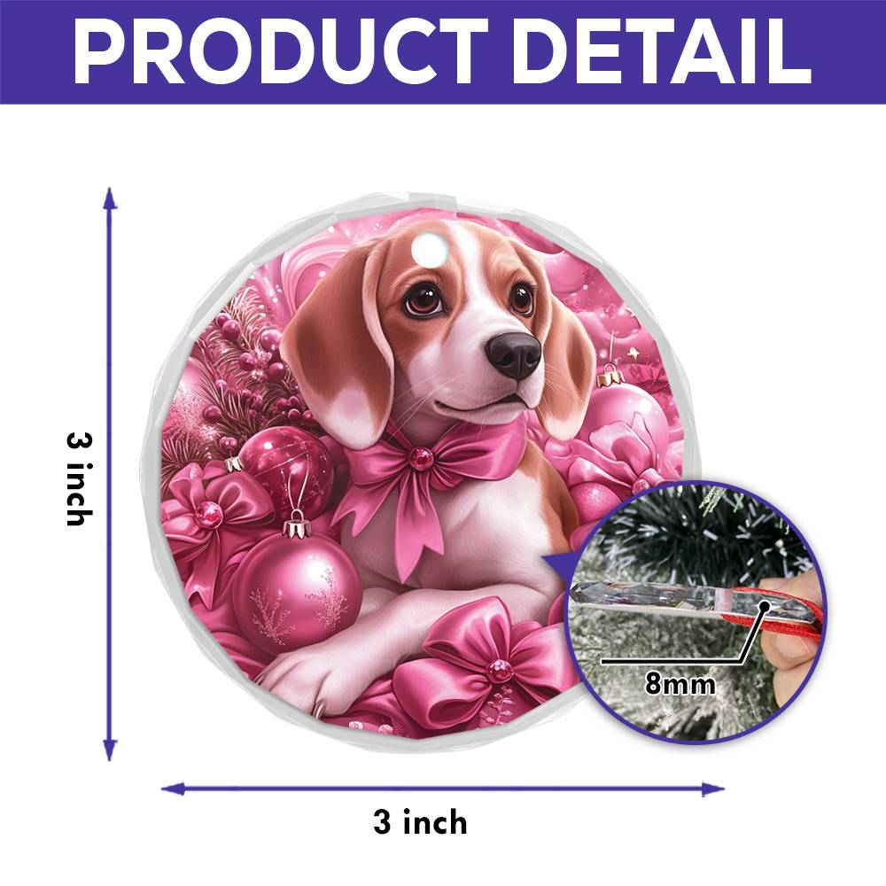 Beagle Dog Pink Christmas Design 1 Glass Ornament