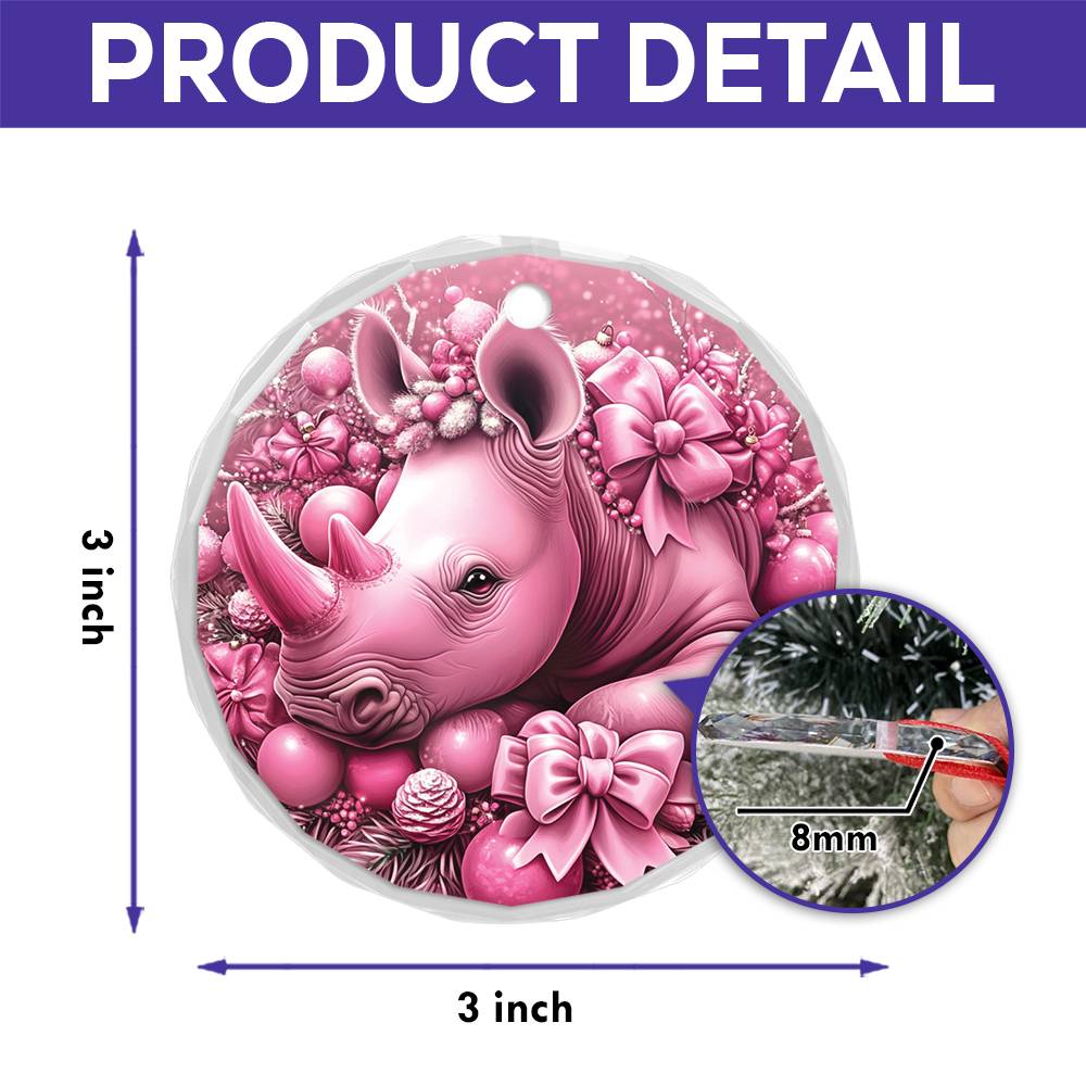 Rhino Pink Christmas Design 2 Glass Ornament