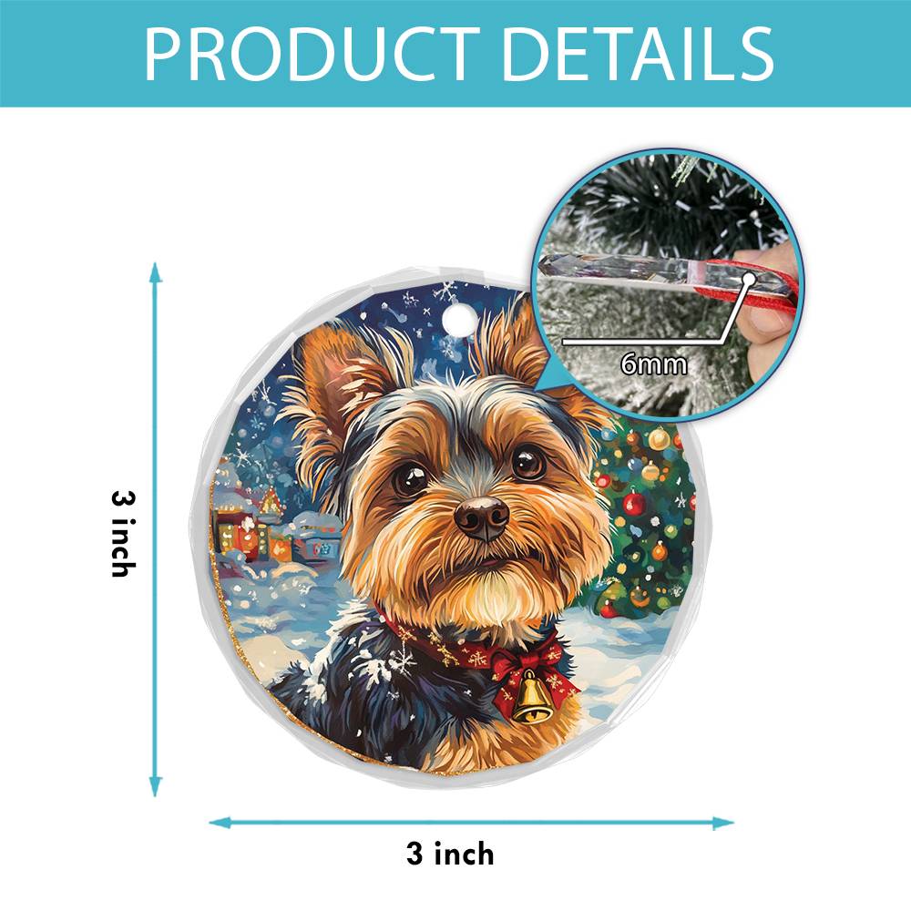 Beautiful Angus Yorkshire Terrier Dog Christmas Night Design 3 Glass Ornament
