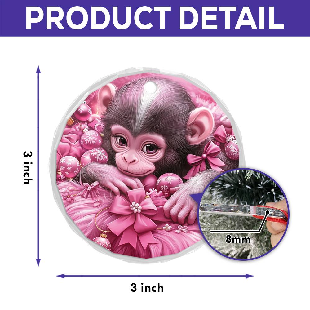 Monkey Pink Christmas Design 1 Glass Ornament
