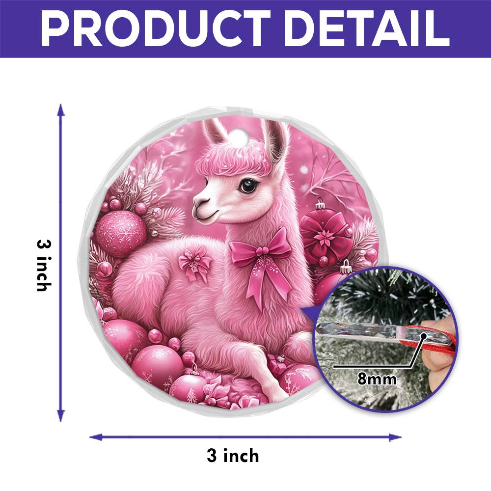 Alpaca Pink Christmas Design 3 Glass Ornament