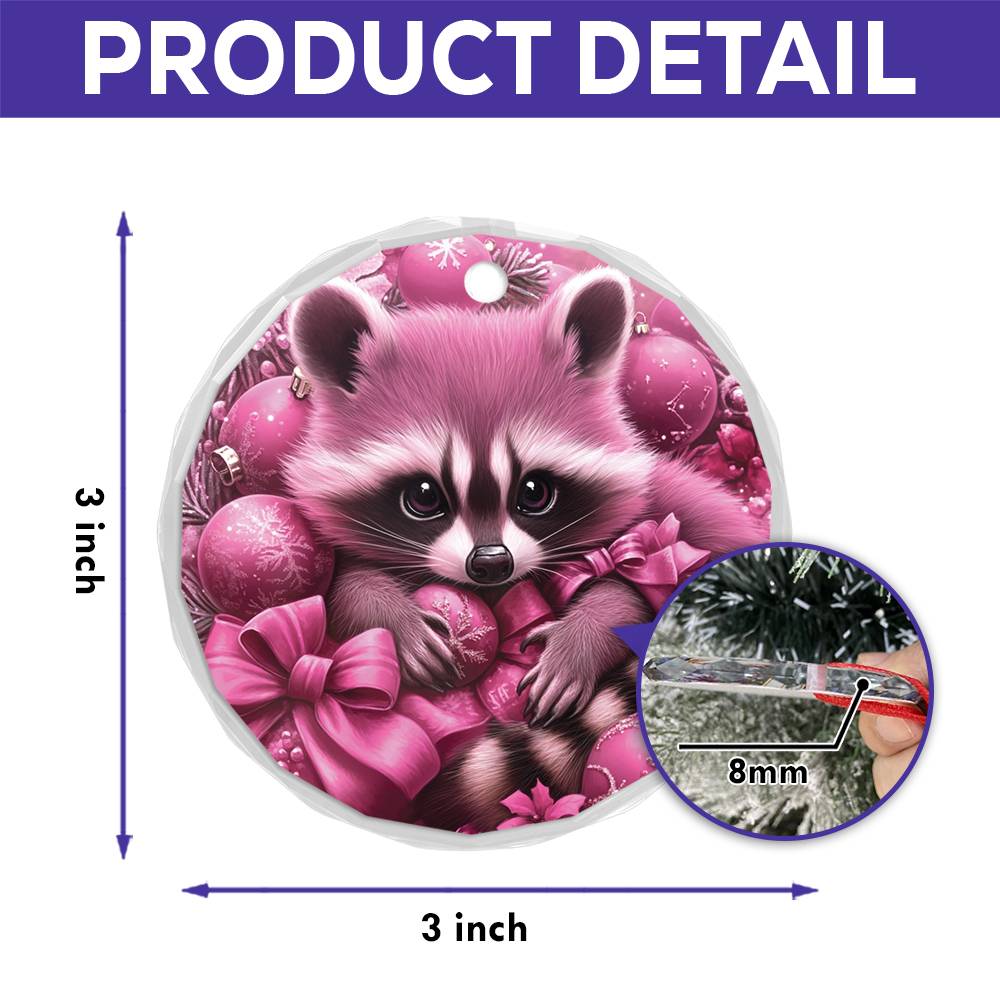 Racoon Pink Christmas Design 4 Glass Ornament