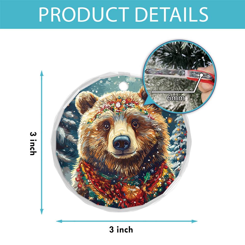 Beautiful Angus Grizzly Bear Christmas Night Design 2 Glass Ornament