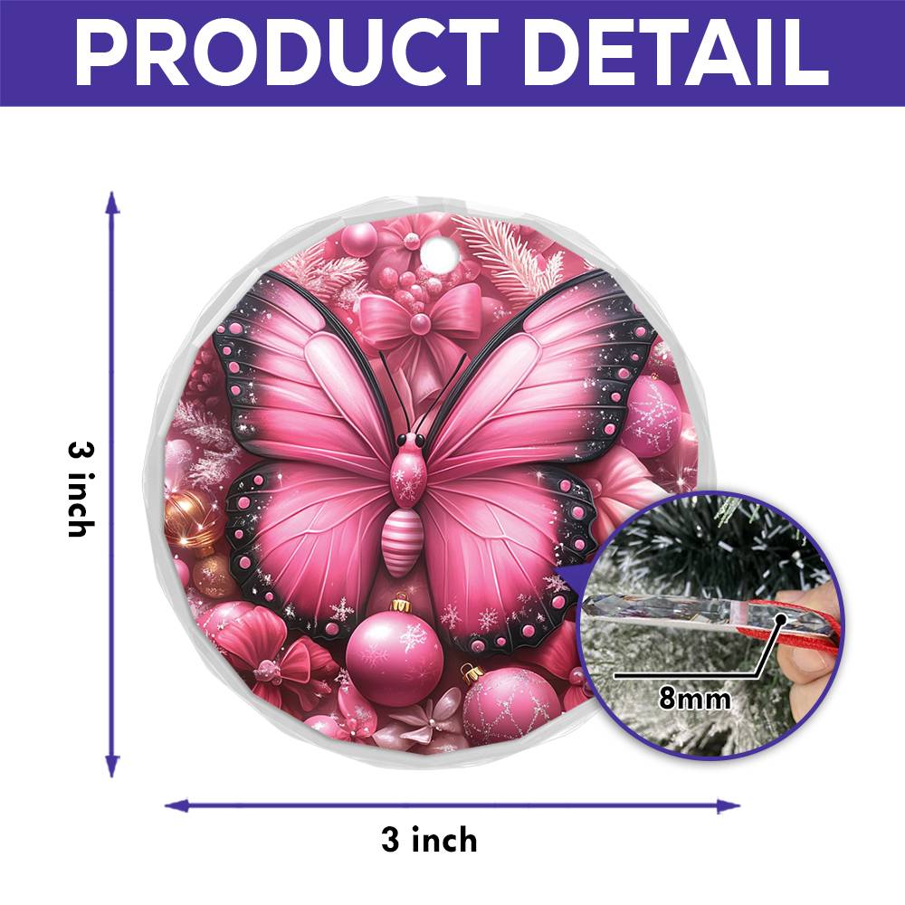 Butterfly Pink Christmas Design 1 Glass Ornament
