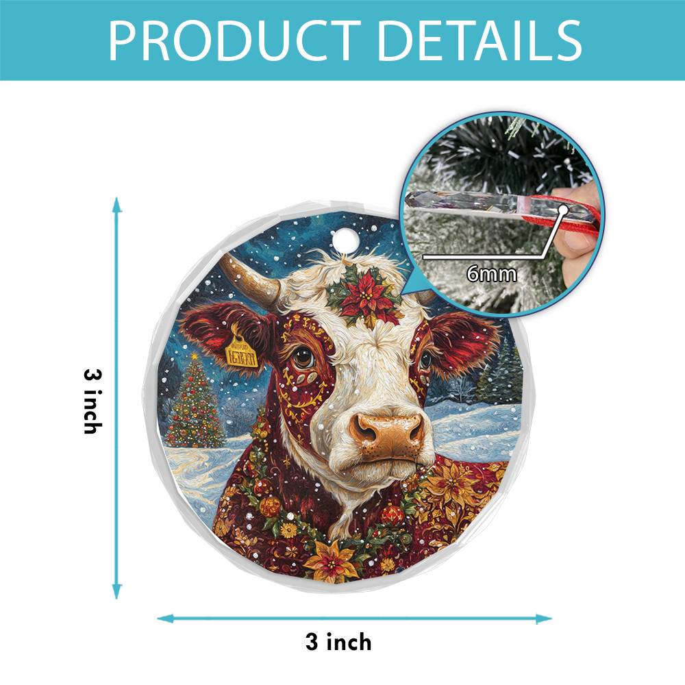 Beautiful Hereford Cow Christmas Night Design 1 Glass Ornament