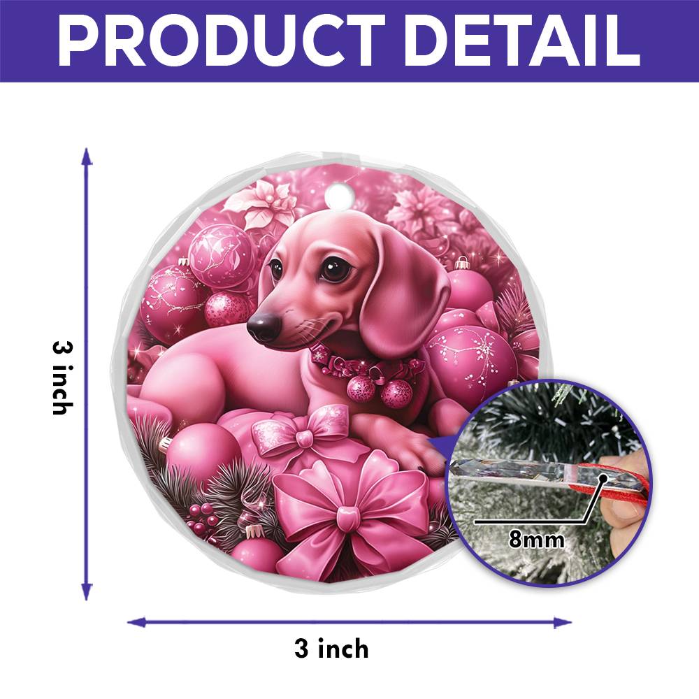 Dachshund Dog Pink Christmas Design 2 Glass Ornament