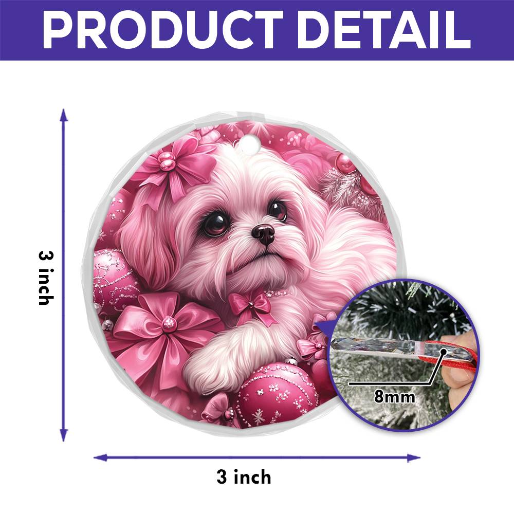 Shih Tzu Dog Pink Christmas Design 1 Glass Ornament