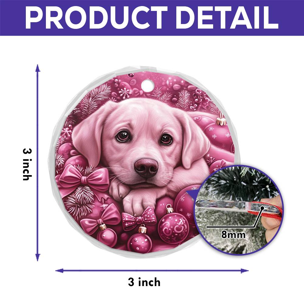 Labrador Retriever Dog Pink Christmas Design 3 Glass Ornament