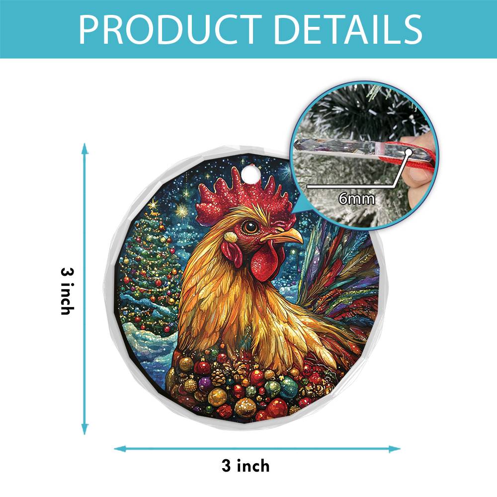 Beautiful Rooster Christmas Night Design 1 Glass Ornament