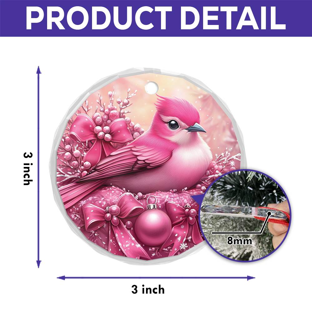 Songbird Pink Christmas Design 3 Glass Ornament