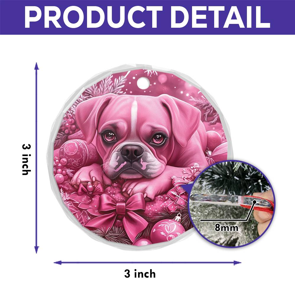 Boxer Dog Pink Christmas Design 2 Glass Ornament