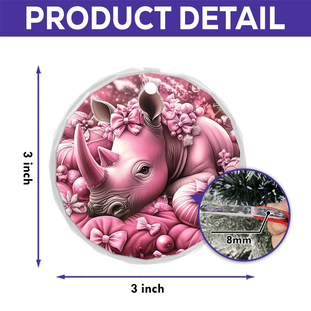 Rhino Pink Christmas Design 3 Glass Ornament