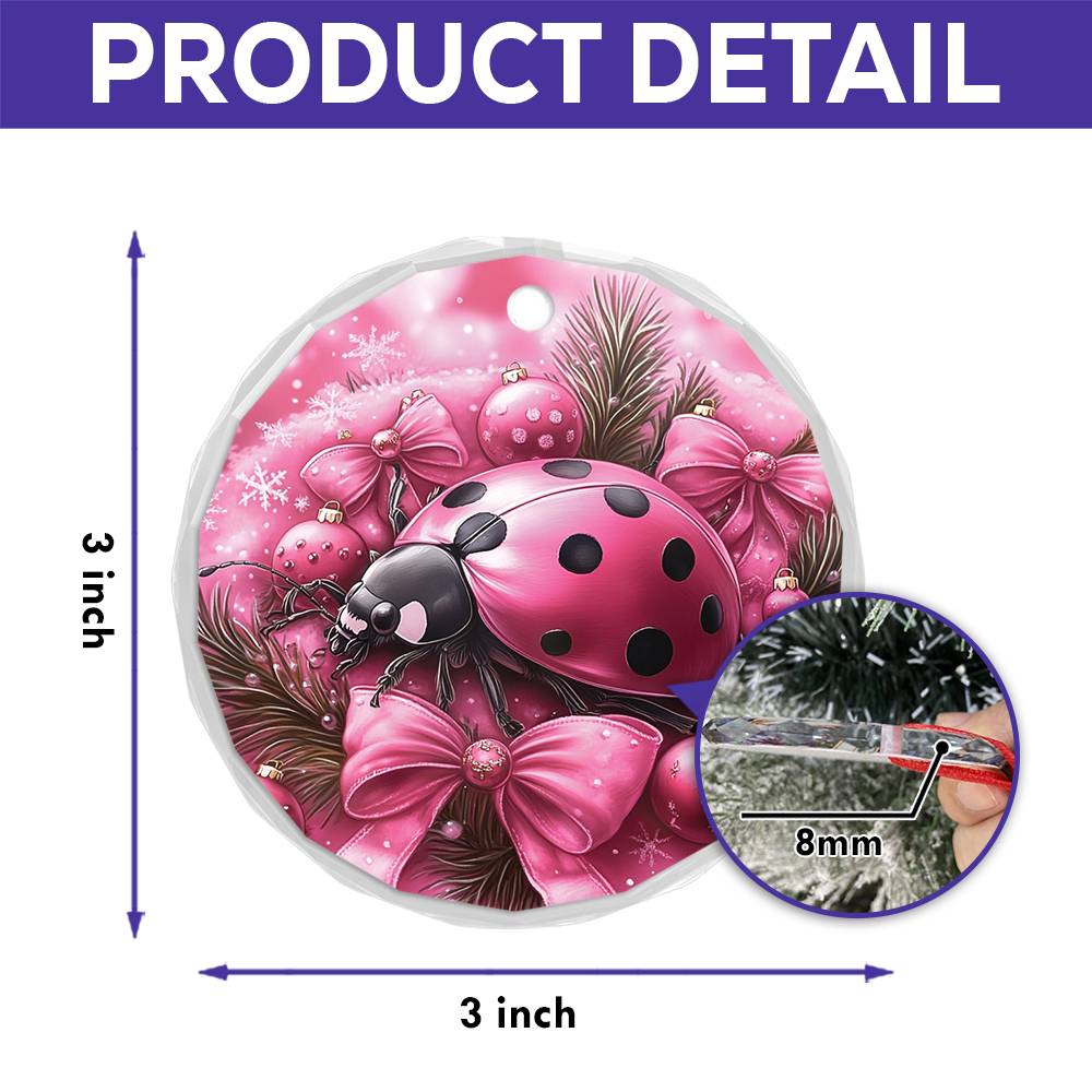 Ladybug Pink Christmas Design 4 Glass Ornament