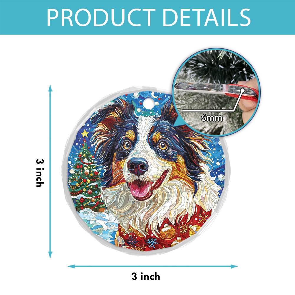 Beautiful Border Collie Dog Christmas Night Design 3 Glass Ornament